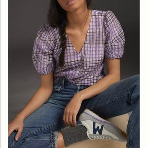 NWT Anthropologie Madras Plaid Tunic Blouse Puff Sleeves M Purple/Silver/White